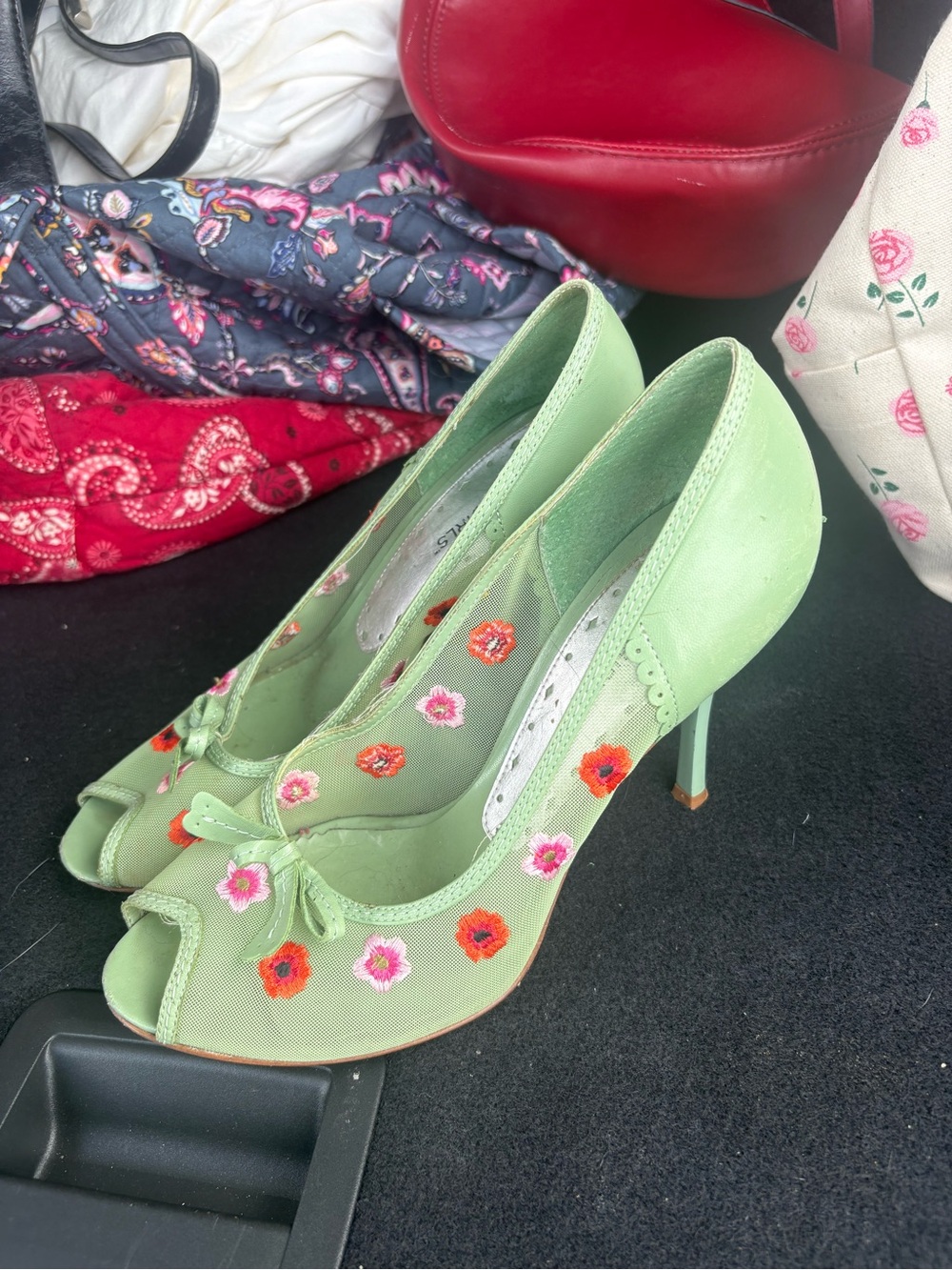 BCBG Mint Green Peep-Toe Heels with Pink and Orange Floral Embroidery